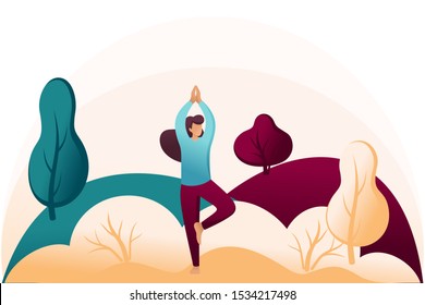 Young girl doing yoga, pose, asana, outdoors, in the Park, in the woods. Flat 2D character. Concept for web design