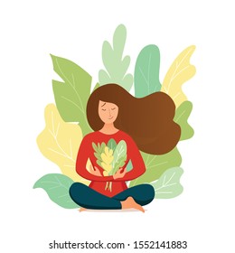 Young girl doing yoga pose meditation vector illustration. Fitness concept of woman healthy lifestyle. Flat style asana relax exercises design background.  