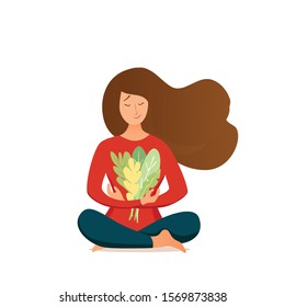 Young girl doing yoga pose meditation vector illustration. Fitness concept of woman healthy lifestyle. Flat style asana relax exercises design background.  