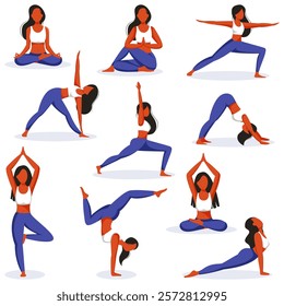 Young girl doing yoga, positions collection. Vector flat cartoon character illustration. Stretching exercise icons set. Healthy lifestyle, meditation practice, sport design elements