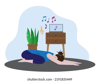 Young girl doing yoga sport at home with listening to music, vector flat illustration style