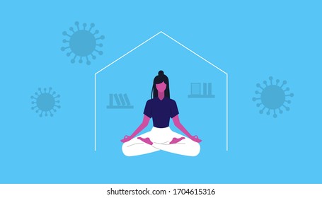 Young girl doing yora and meditate. Keep calm and don`t panic. Coronavirus self isolation. Vector