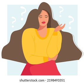 A young girl is in doubt and she has a question. A beautiful woman with long hair surrounded by a question mark. Flat cartoon vector illustration.