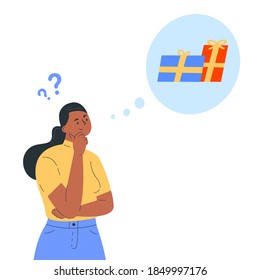 La joven en duda piensa en el presente. La chica está pensando en qué regalo dar para el Año Nuevo. Confundió a la joven con signos de interrogación. Ilustración vectorial colorida en estilo plano.