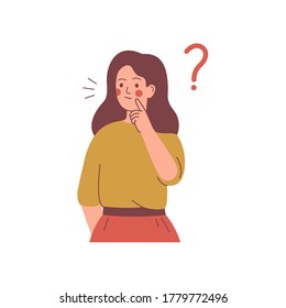 Young girl doubts and has a question. woman in casual clothes surrounded by a question mark. Flat cartoon vector illustration.  