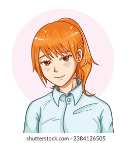 Young girl drawing with orange ginger colored hair and brown eyes wearing white shirt with smiling expression anime style vector illustration, isolated on square white and pink colored background.