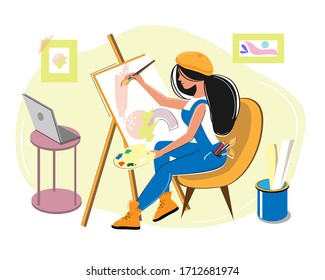 A young girl draws on an easel at home with a notebook. Online lessons. concept quarantine. Vector flat style illustration