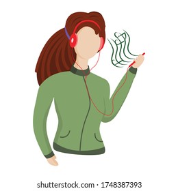 Young girl with dreadlocks listening to music in headphones from the phone. Simple character modern flat