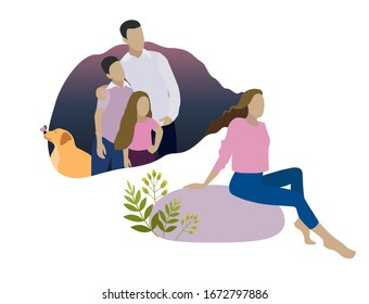 A young girl dreams of a big family. The girl is sitting on a stone. Mom, dad, son, daughter, dog. Romantic dreams. A happy family. Cute dog with a butterfly on his nose. Stock vector illustration.