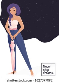 Young girl dreams with umbrella. Vector illustration.