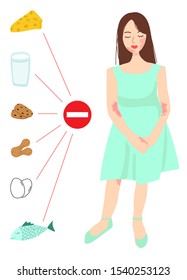 young girl in dress has skin problems. Dermatitis, atopic dermatitis, Allergy, rash, red spots, irritation on her body. Poor nutrition, youthful problems. prohibited products: milk, peanuts, eggs
