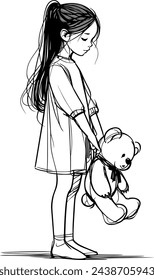 a young girl in a dress holds a toy bear with her hands