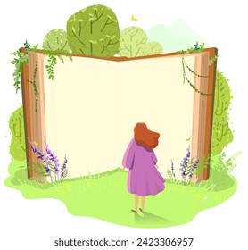 Young girl in dress stands in forest in front of an open book with clean empty sheet page. Vector cartoon illustration isolated on white