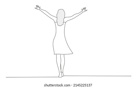 Young girl in dress walking and balancing. Hand drawn vector illustration. Black and white.