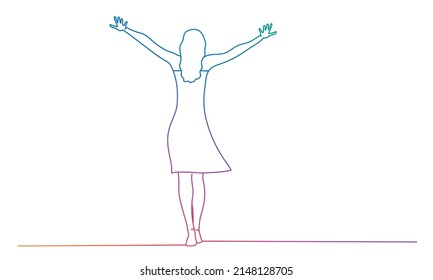 Young girl in dress walking   balancing  Rainbow gradient  Sketch vector illustration 