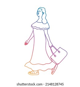 Young girl in dress walking in street  Rainbow gradient  Sketch vector illustration 