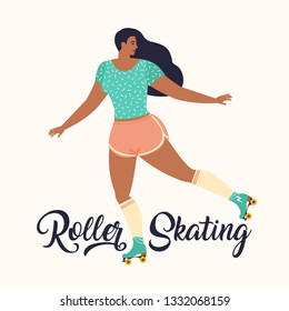 Young girl dressed in 1970s fashion roller skating,
