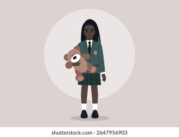 A young girl dressed in a classic school uniform stands confidently, holding a cute teddy bear close, Her attire and the soft expression on her face evoke feelings of nostalgia and warmth