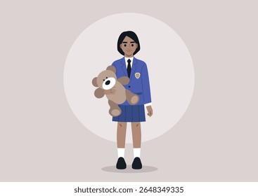 A young girl dressed in a classic school uniform stands confidently, holding a cute teddy bear close, Her attire and the soft expression on her face evoke feelings of nostalgia and warmth