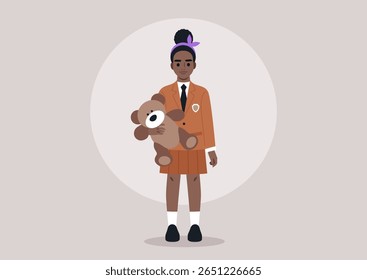 Uma jovem vestida com um uniforme escolar clássico se mantém confiante, segurando um urso de pelúcia bonito perto, Seu traje e a expressão suave em seu rosto evocam sentimentos de nostalgia e calor