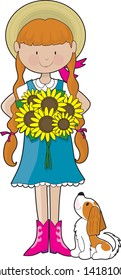 Young girl dressed in country style clothing, holding a bouquet of sunflowers. Her little dog, a Cavalier King Charles Spaniel, is looking up at her