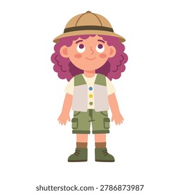 A young girl dressed as an explorer with a pith helmet and safari clothes, looking up with a curious expression.