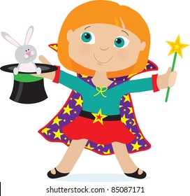 A young girl dressed as a magician is holding a top hat with a rabbit in it