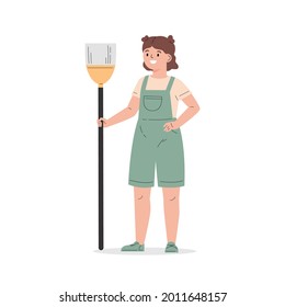 Young girl dressed in overalls with a broom. The girl helps with the household. Child cleaning. Flat vector cartoon illustration isolated on white background