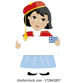 A young girl dressed in a traditional Greek costume is holding a blank sign with a Greek flag in the top right hand corner. Text can be added to suit a project