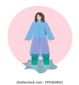 Young girl dressed for a walk in the rain. A woman in a raincoat and rubber boots. Abstract illustration in flat style isolated on white background.