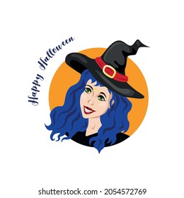 Young girl dressed as a witch wishes a happy Halloween. Round illustration with text 