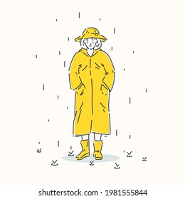 A young girl dressed in a yellow raincoat and hat stands with her hands in her pocket. A woman stands in the rain. Vector illustration in a cartoon style.