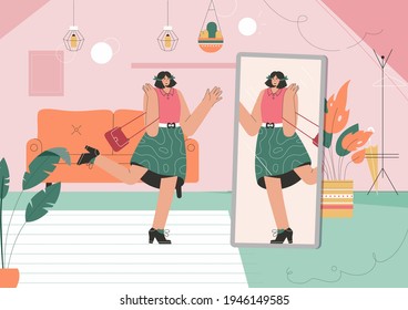 Young Girl Dresses Up In Front Of Mirror At Home. Woman Choosing New Clothes, Standing On One Leg And Gesturing With Her Hands At Room. Stylish Casual Female Outfit. Vector Character Illustration