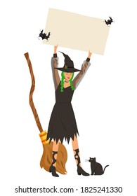 Young girl dressing Halloween costume holding blank placard. Cartoon character for Halloween party decoration, invitation, advertising, website, banner. Flat vector illustration. Witch outfit.