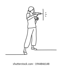 Young girl drilling a wall. Hand drawn vector illustration.