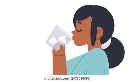 Young girl drink cold clear water on isolated background. Flat vector illustration