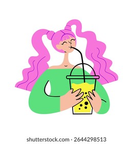 Young girl drinking bubble tea. Vector hand drawn illustration.