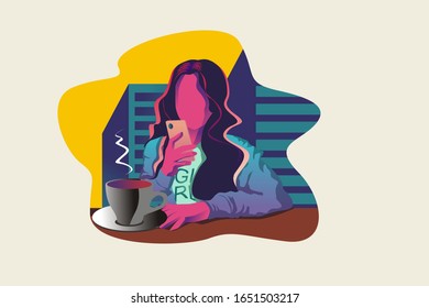 Young girl drinking coffee in the cafe, having breakfast and dessert. Youth, lifestyle, communication concept, using their phones.