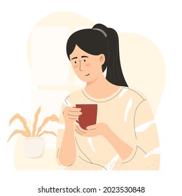 young girl drinking coffee flat illustration morning coffee