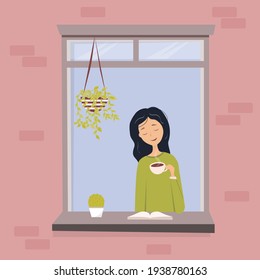 Una niña tomando café en una ventana abierta con un libro. Quédate en casa. Vista desde el lado de la calle. Ilustración vectorial del diseño de estilo plano.