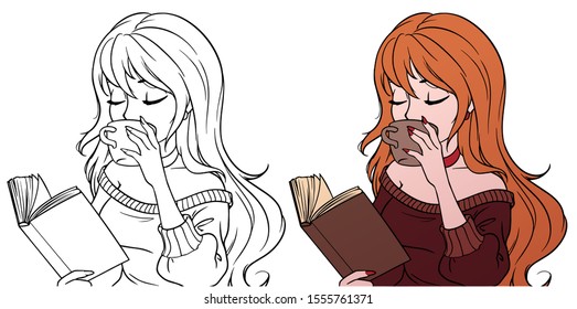 Young girl is drinking coffee and reading book. Hand drawn contour vector illustration for coloring book, children games, cards, tattoo, sticker, t shirt etc. Isolated on white background.