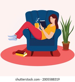 Young girl is drinking coffee and reading book Vector Illustration