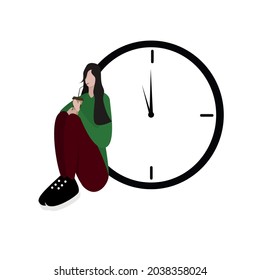 la joven está tomando café de una paja en el fondo de un gran reloj que muestra el tiempo de espera. Ilustración vectorial del tiempo de café, esperando. Banners, páginas web y aplicaciones