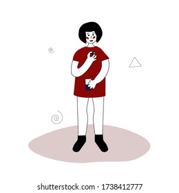 A young girl is drinking medicine. She holds a pill and a glass of water in her hands. Disease treatment. The child is being treated. Vector illustration in hand-drawn style