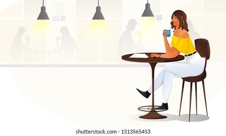 Young girl drinking tea or coffee sitting on cafe.