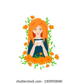 Young girl drinking tea flat vector illustration. Red haired female cartoon character holding cup of organic herbal drink. Woman with teacup and calendula flowers isolated on white background