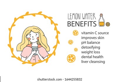 A young girl drinking water as a part of morning routine. Lemon water benefits . Woman self care concept. Vector illustration in a hand drawn doodle style