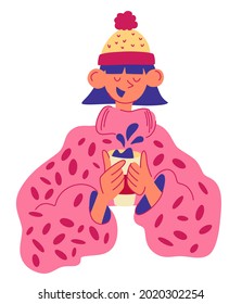 Young girl drinks coffee. Stylish woman in a sweater and a hat holding her cup. enjoying a warm drink. Banner with smiling female and beverage. Flat vector illustration isolated on white background.