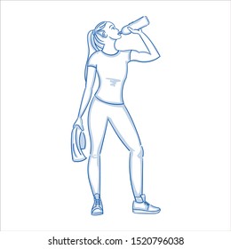 Young Girl Drinks Water After Training In Leggings With A Towel. Hand Drawn Blue Outline. Fitness Woman  Full Length. Line Art Cartoon Vector Illustration.