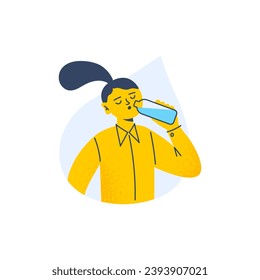 A young girl drinks water. A healthy habit and immunity support. Vector flat illustration isolated on a white background.